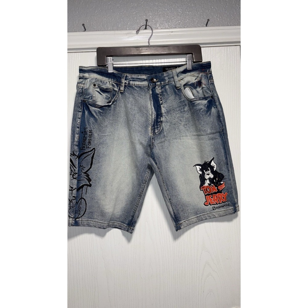 Southpole Tom & Jerry Mens 34x11 Jean Shorts Denim Stretch Baggy Bermuda Ice